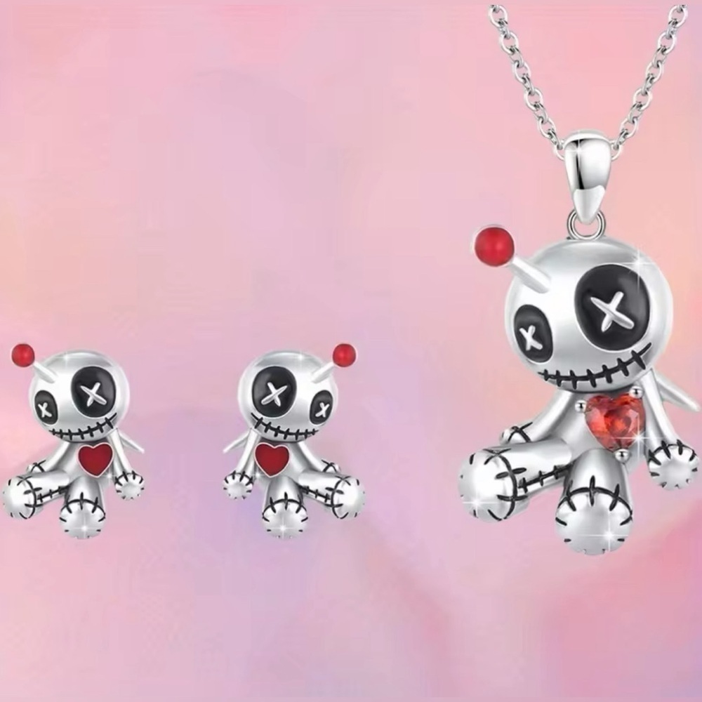 925 Sterling Silver Plated Voodoo Doll Necklace & Earrings Set